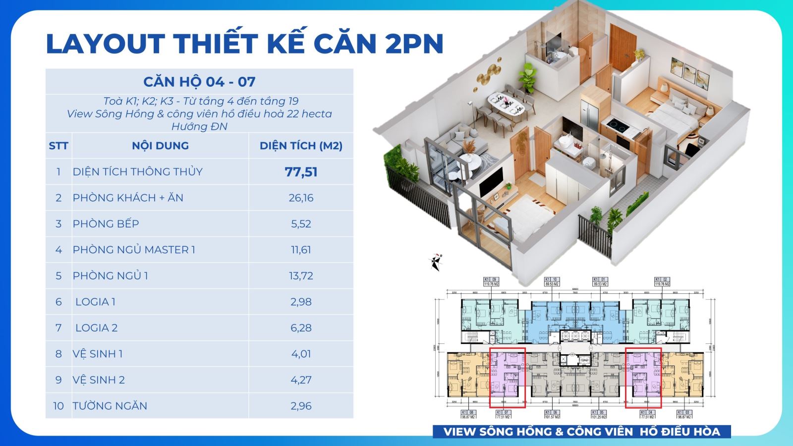 căn hộ từ 77 đến 111 m2 từ 2 phòng ngủ đến 3 phòng ngủ 